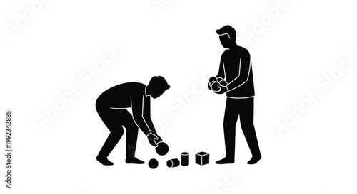 Two men interacting with scattered cubic shapes one appearing to offer objects to the other in a stark silhouette high quality