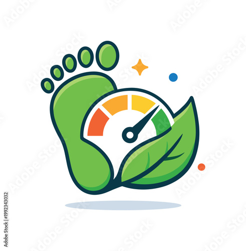 Carbon footprint tracking and climate responsibility focused on measuring and reducing personal or business emissions, a footprint combined with a leaf and a small gauge