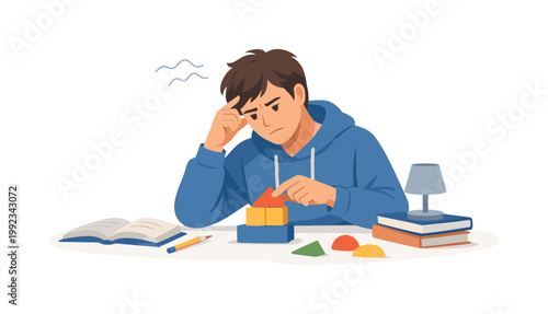 A student attempting to study while experiencing difficulty organizing thoughts and maintaining concentration, representing learning challenges and adaptive strategies in