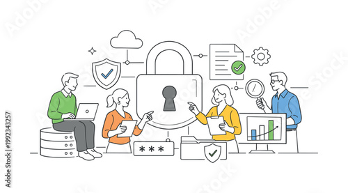 Business team implementing data protection strategies and ensuring compliance with security standards in a modern organization, represented through a metaphor of a lock