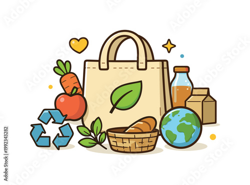 Sustainable shopping and mindful consumption illustrated as an eco-conscious lifestyle scene, a reusable shopping bag with a small leaf symbol suggesting environmentally