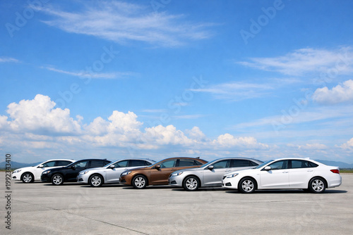 Row of different colored cars parked on a concrete surface under blue sky