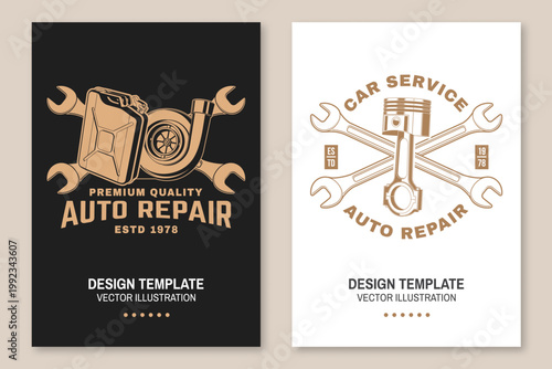 Auto repair poster set with fuel can turbocharger and piston with crossed wrenches vector automotive design for car service garage workshop print t shirt template isolated background