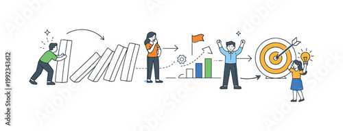 Cause and effect and chain reactions in a business or life context where one action leads to a sequence of outcomes, represented by a clear visual metaphor of domino