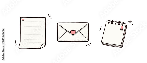 Simple office paper set theme a horizontal row of 3 related hand-drawn objects on a white background: a plain sheet with a tiny red dot in one corner, a simple envelope