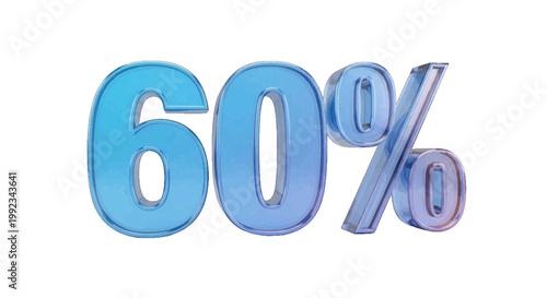 Vector illustration of 60 percent discount sign, 3d rendered blue glass text on a transparent background