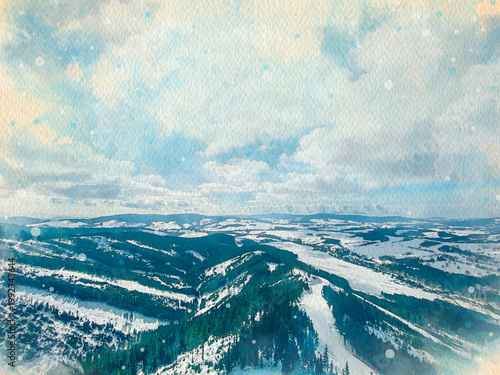 Winter landscape in Dolni Morava Hrensko Czech republic wintertime watercolour pattern illustration