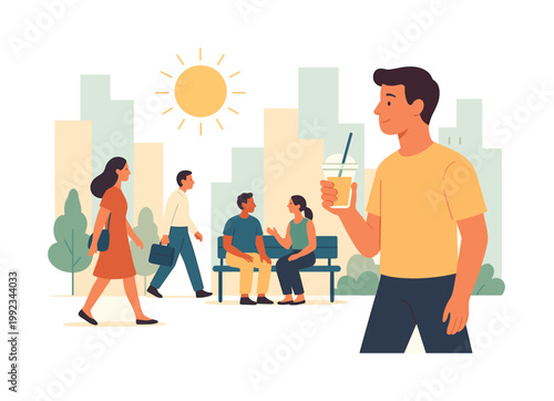 Urban summer lifestyle scene where people enjoy warm weather in a clean city environment, walking along streets and taking breaks outdoors, representing seasonal