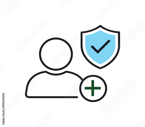 Access control and permission management in software systems, a user profile symbol combined with a plus element indicating authorization and account addition, expressing