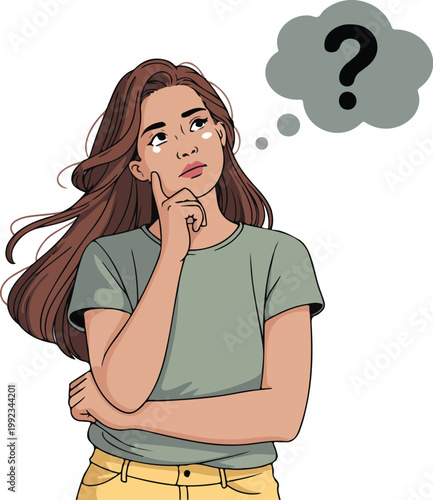 Woman thinking in pensive pose decision making problem solving concept flat vector illustration
