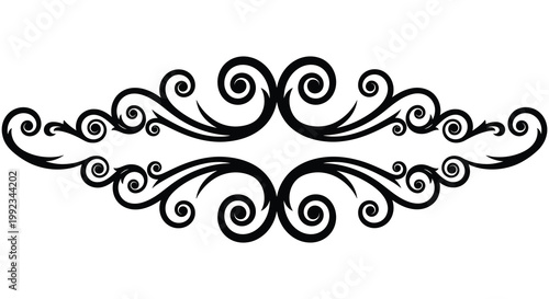 An ornate black flourish design featuring swirling curves and symmetrical elements presented as a striking silhouette high quality professional detailed modern