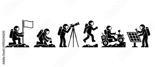 Astronaut activities icon set, space exploration mission steps, moon landing black silhouette graphics, scientific research, rover driving, astronomical observation, engineering maintenance, flat vect