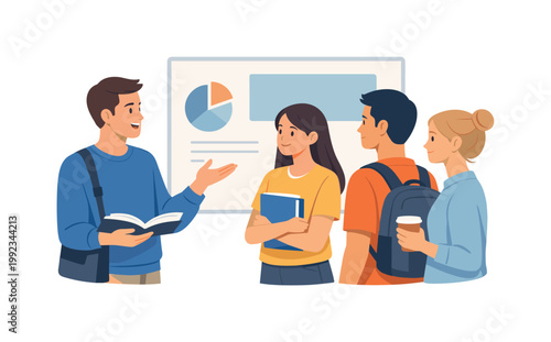 An academic environment encouraging participation and teamwork among learners, depicted as a small group standing beside a simple abstract board while one gestures and