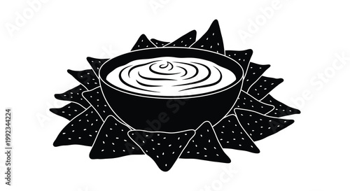 A black and white illustration depicts a bowl of dip surrounded by tortilla chips presented as a silhouette high quality professional