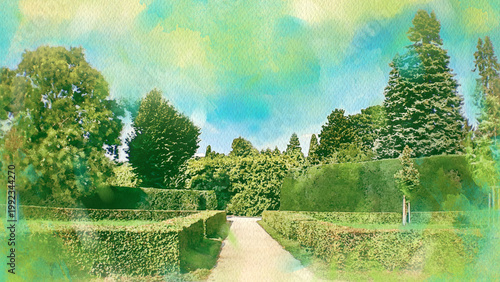 Garden in Czech Republic watercolour pattern colourful illustration