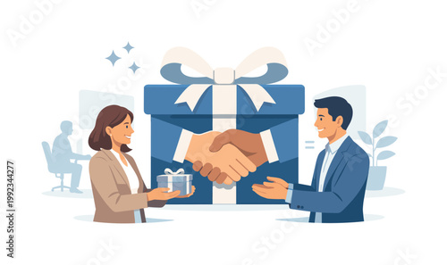 Corporate gifting and professional relationship building theme where colleagues exchange presents as a gesture of appreciation and goodwill in a business environment,