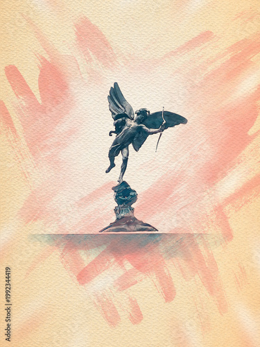 Cupid monument Picadilly circus in London watercolour pattern travel colorful illustration
