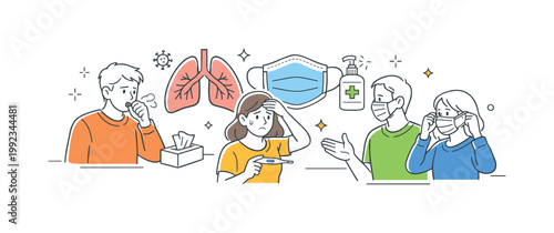 Respiratory illness health awareness scene showing individuals recognizing symptoms and taking preventive measures in a shared indoor environment, using a simplified lung