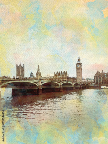 London Big Ben watercolor pattern travel colorful illustration