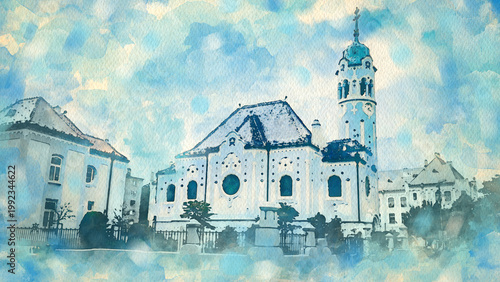 Blue church in Bratislava – the capital of Slovakia watercolour pattern colorful illustration