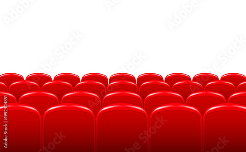 Rows of red cinema or theater seats in front of transparent background. Vector.
