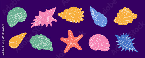 Seashell Starfish Set Colorful Marine Illustration On Dark Background Beach Ocean Summer Collection Vector