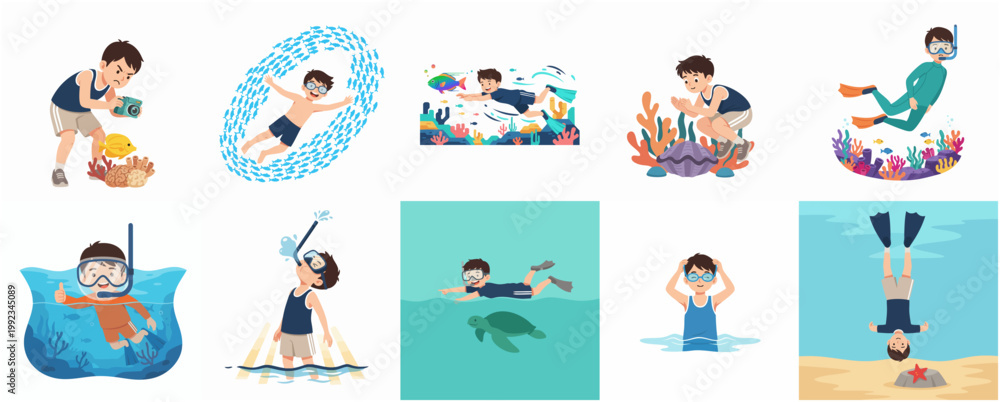 Fototapeta premium Set of cartoon boy characters enjoying various underwater activities including snorkeling, scuba diving, and swimming with marine life