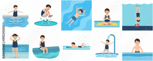 Vector illustration set of a young boy character enjoying various swimming pool activities, including diving, swimming with a kickboard, and wearing goggles.