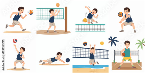 Cartoon boy playing volleyball set including actions like serving, spiking, and blocking