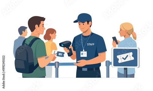 A ticket control checkpoint at an event entrance where a staff member verifies access for attendees in an organized and secure environment, representing crowd management,