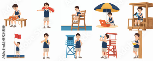 Collection of young boy lifeguard character illustrations performing various beach safety and rescue duties