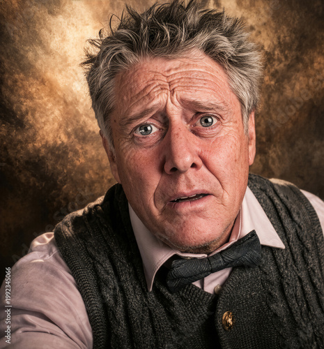 Charakterstudie: Mann mit grauen Haaren schaut unsicher und verwirrt