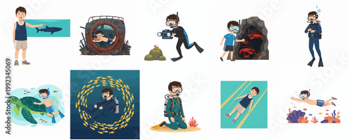 Set of Cartoon Illustrations of a Boy and Man Scuba Diving and Exploring Underwater Marine Life