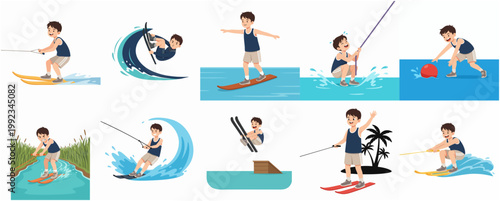 Cartoon boy character set participating in various water skiing and water sports activities during summer vacation