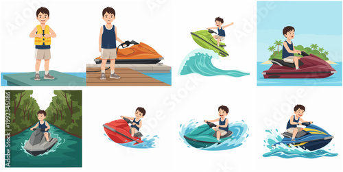 Set of Cartoon Illustrations of a Young Boy Enjoying Jet Skiing Activities, Including Fueling, Jumping Waves, and Riding in Various Scenery