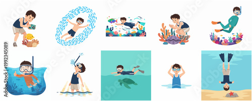 Set of cartoon boy characters enjoying various underwater activities including snorkeling, scuba diving, and swimming with marine life