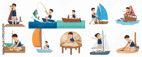 Cartoon boy sailor characters set experiencing various nautical adventures including sailing, fishing, and navigating the ocean.