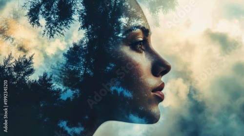 Woman profile silhouette blends with forest textures and cloudy sky to represent the deep connection between human consciousness and the natural world in a surreal double exposure composition.
