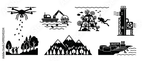 Environmental Protection and Conservation Icons Set for Sustainability Projects, showing reforestation, ocean cleaning, coral restoration, carbon capture, industrial waste management, and nature explo