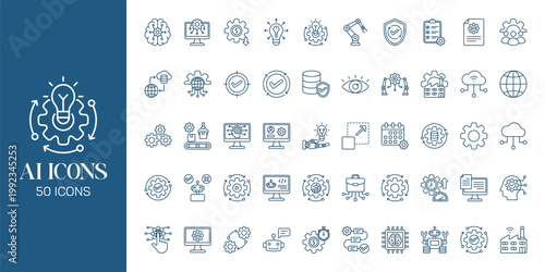 Artificial Intelligence Icon Set with AI Brain, Machine Learning, Robot, Data Network and Futuristic Technology Vector Collection
