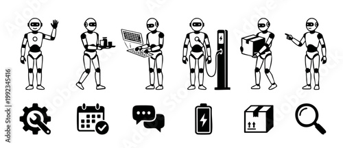 Robot Character Icon Set, AI Assistant Automation and Future Technology Activities, Vector Illustration Featuring Service Bots Charging, Typing, Delivering Packages and Working Concepts for Digital Pr