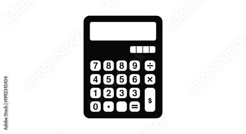 A stark black calculator is prominently displayed against a white background showcasing a flat minimal silhouette high quality professional detailed modern