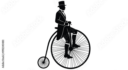A dapper gentleman rides a vintage high wheel bicycle presented as a striking black silhouette high quality professional detailed modern elegant stylish