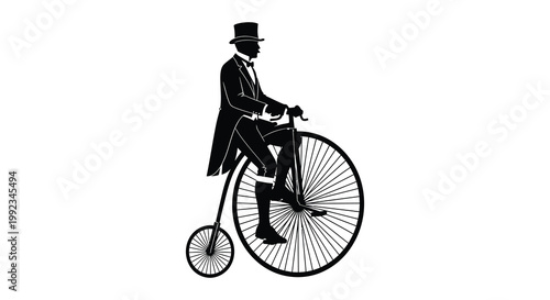 A dapper gentleman rides a vintage high wheeler bicycle presented as a striking black silhouette high quality professional detailed modern elegant stylish