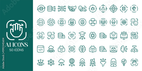 Artificial Intelligence Icon Set with AI Brain, Machine Learning, Robot, Data Network and Futuristic Technology Vector Collection