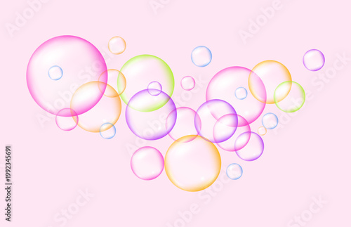 Glossy pink gum bubble spheres with transparent jelly texture abstract background.