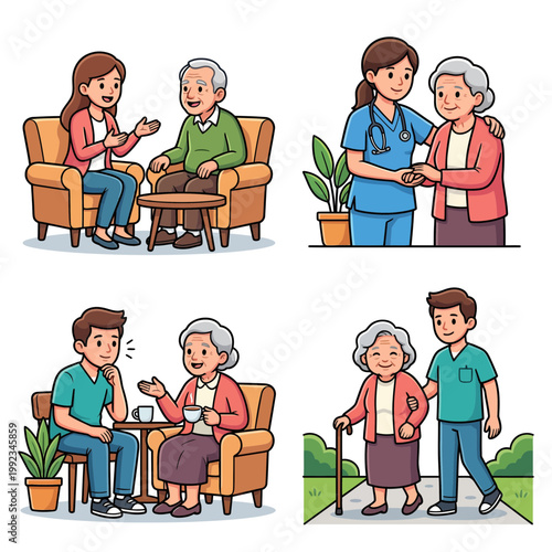 Elderly Care and Nursing Support Service Vector Illustration Set
