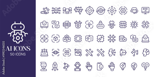 Artificial Intelligence Icon Set with AI Brain, Machine Learning, Robot, Data Network and Futuristic Technology Vector Collection