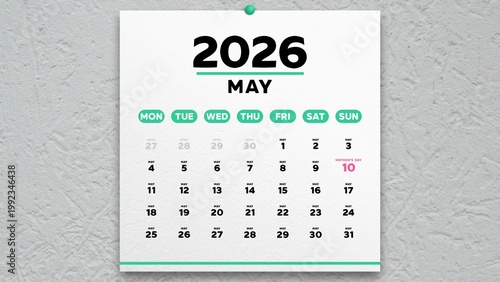 A nice May 2026 page of a wall calendar with the date of Mother's Day highlighted