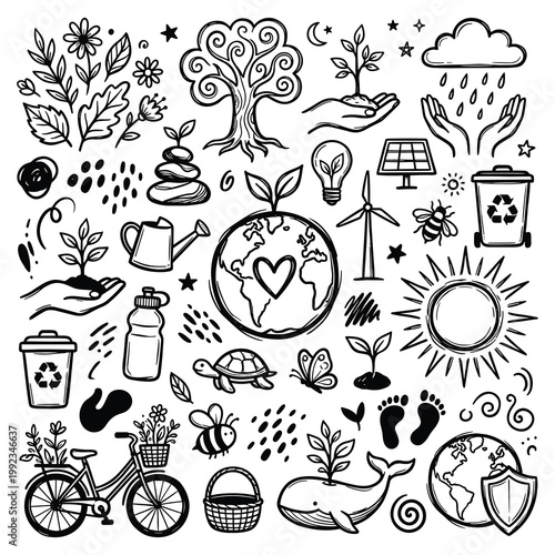 Easter doodle elements illustrate environmental conservation actions globally